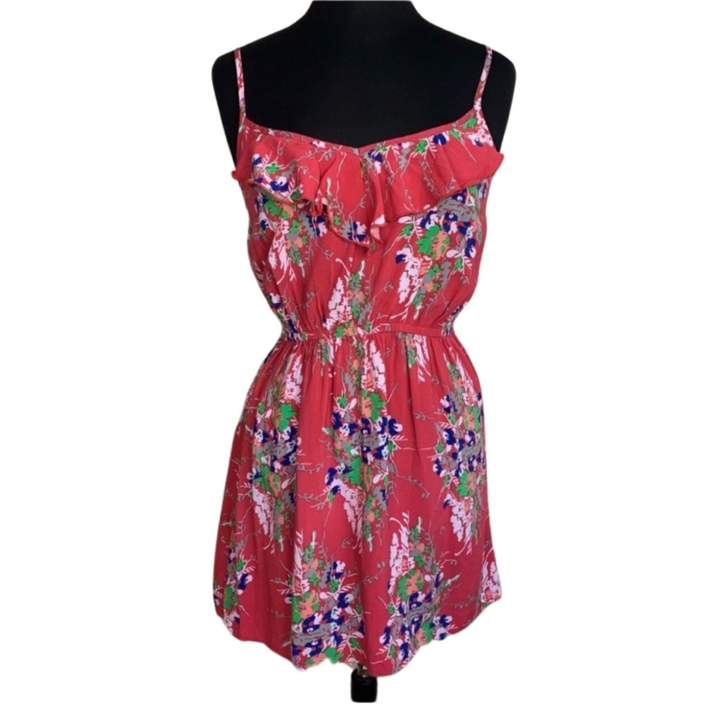 XHILARATION Pink Floral Mini Dress Size Large Elastic Waist Sundress Ruffle